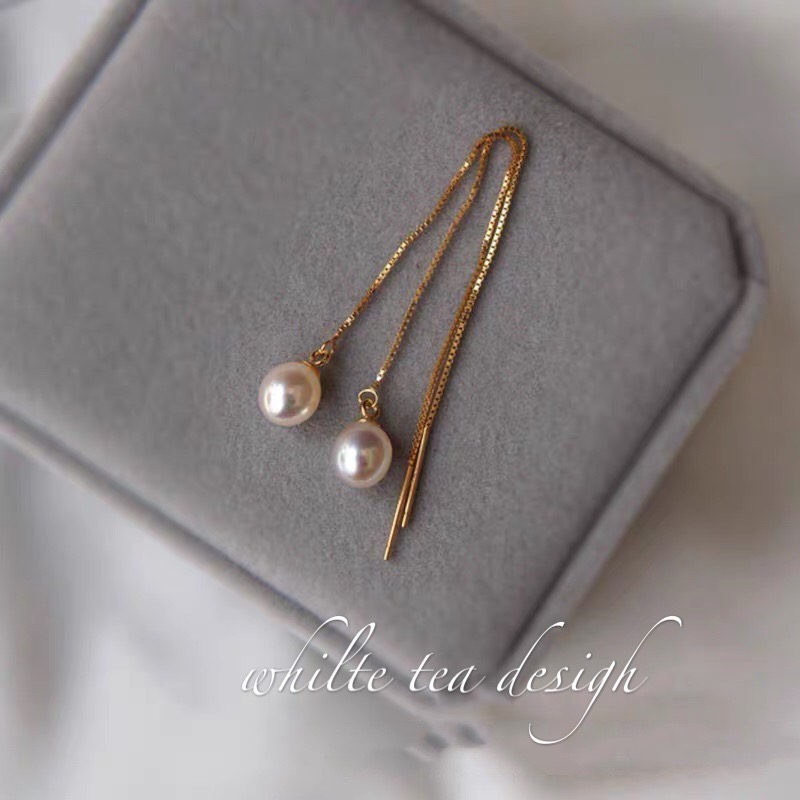 White tea's new IF · U strong light rice-shaped freshwater real pearl earrings 14k gold-packed earrings are simple and versatile