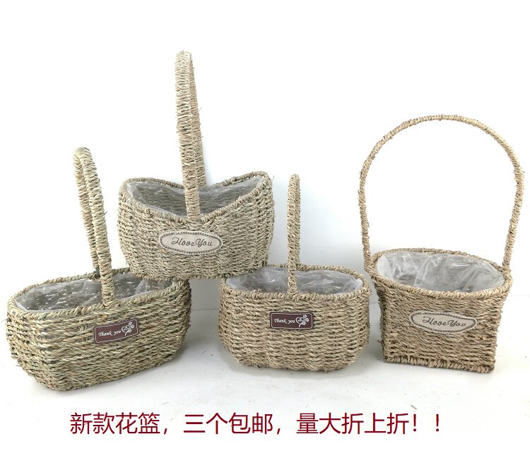 Handmade straw flower basket Portable basket European pastoral creative Rattan flower arrangement Green plant fleshy flower pot flower