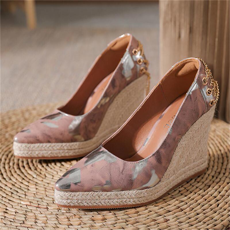 Women's Wedge Shoes 2024 Clearance Autumn Chinese Style Comfortable Pointed Toe Thick-Soled Waterproof Platform Straw High-Heeled Fashion Single Shoes for Women