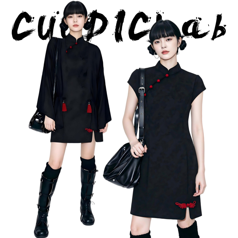 Cuudiclab New Chinese-Style Dark Fashion Improved Daily Cheongsam Black Casual Slimming A-Line Skirt Summer Dress Cuudiclab New Chinese-Style Dark Fashion Improved Daily Cheongsam Black Casual Slimming A-Line Skirt Summer Dress