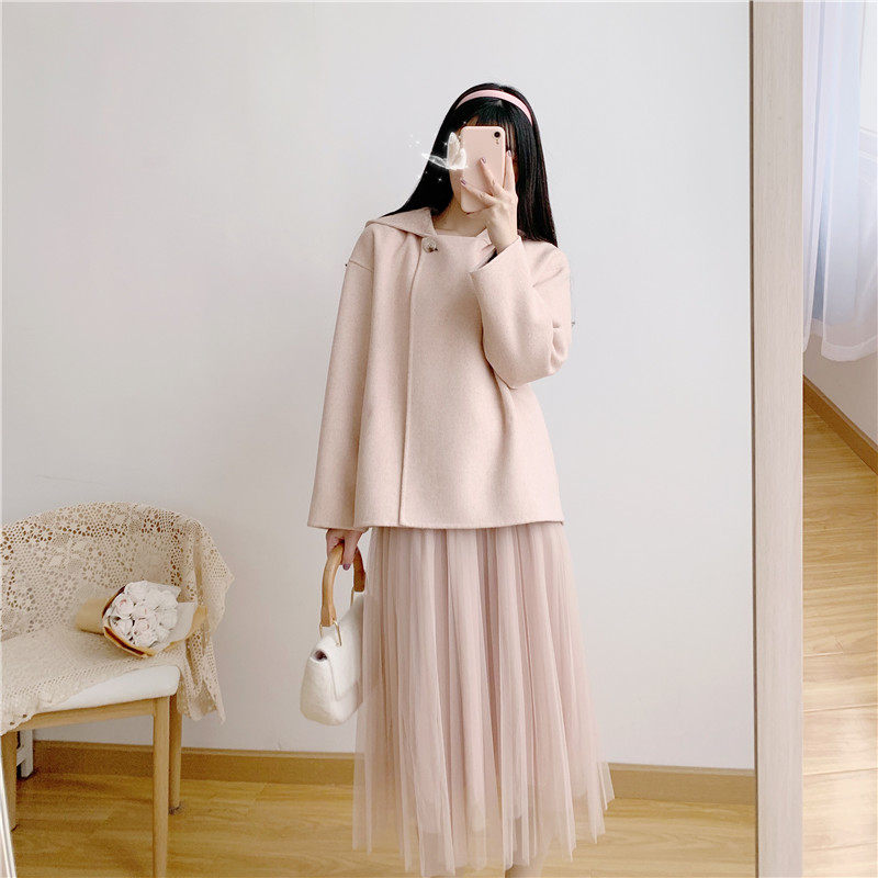 2022 autumn new double-sided cashmere coat women's short small cape hooded double-sided woolen hand-stitched coat