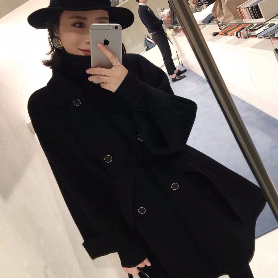 2022 new double-breasted lace-up pure wool coat mid-length fashion Korean version small woolen coat autumn and winter