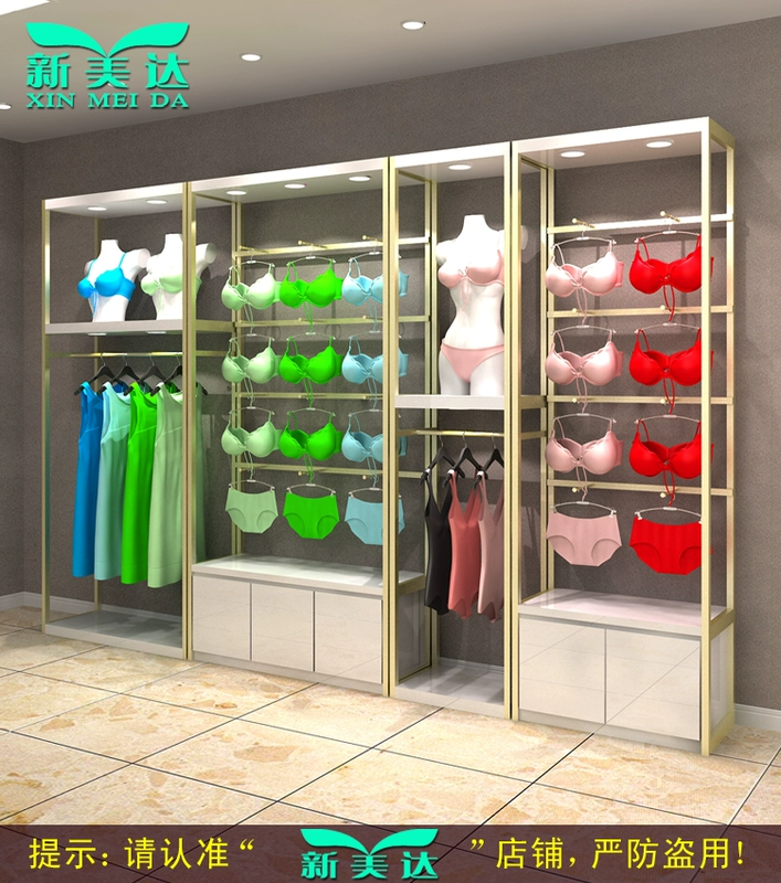Kệ đồ lót chải thép sâm panh vàng hồng sơn vàng trưng bày tường đứng áo ngực hiển thị đứng