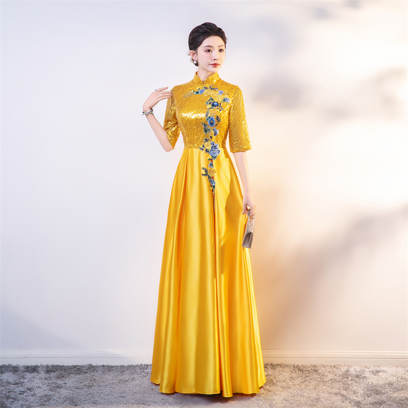 2025 New Gold Choir Performance Dress for Women, Long Skirt for Recitation Performance, Stage Conductor High-End Elegant Gown 2025 New Gold Choir Performance Dress for Women, Long Skirt for Recitation Performance, Stage Conductor High-End Elegant Gown