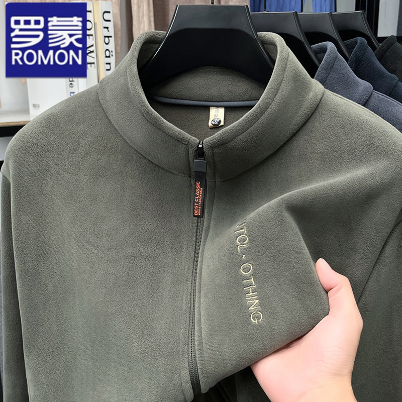 Romon Fleece Jacket for Men, Spring and Autumn Stand Collar Fleece Cardigan Sweatshirt, Fleece Clothing for Men, Trendy Top