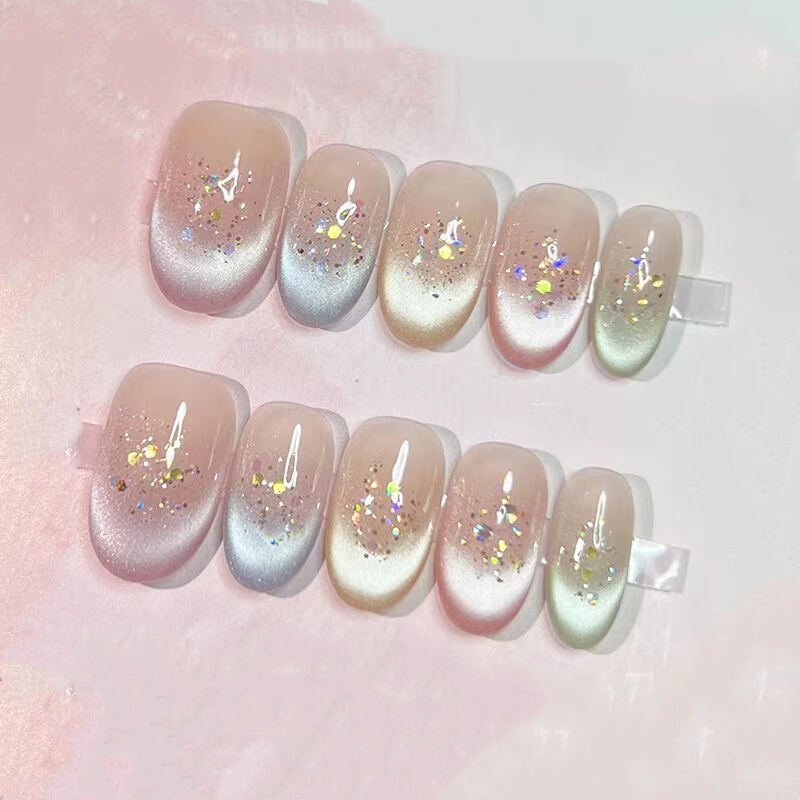 Eat Rainbow Handmade Wearable Nails Dopamine Cat Eye Gradient Vitality Nail Stickers Short Nails Removable