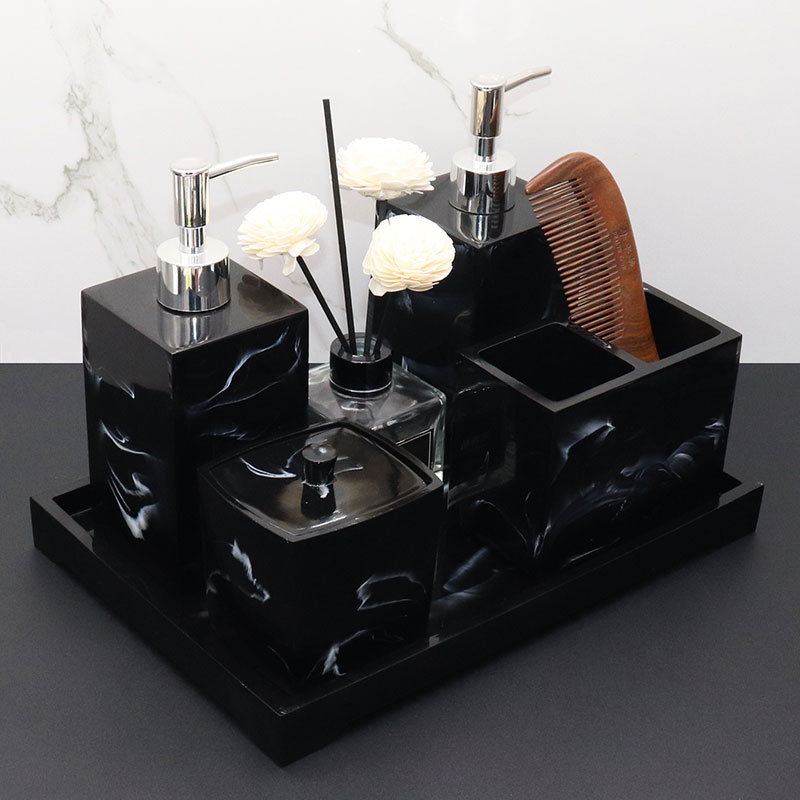Hotel Hand Sanitizer Bottle Marble Pattern Bathroom Five-Piece Set Toilet Wash Set Tray Resin Ornament European Style