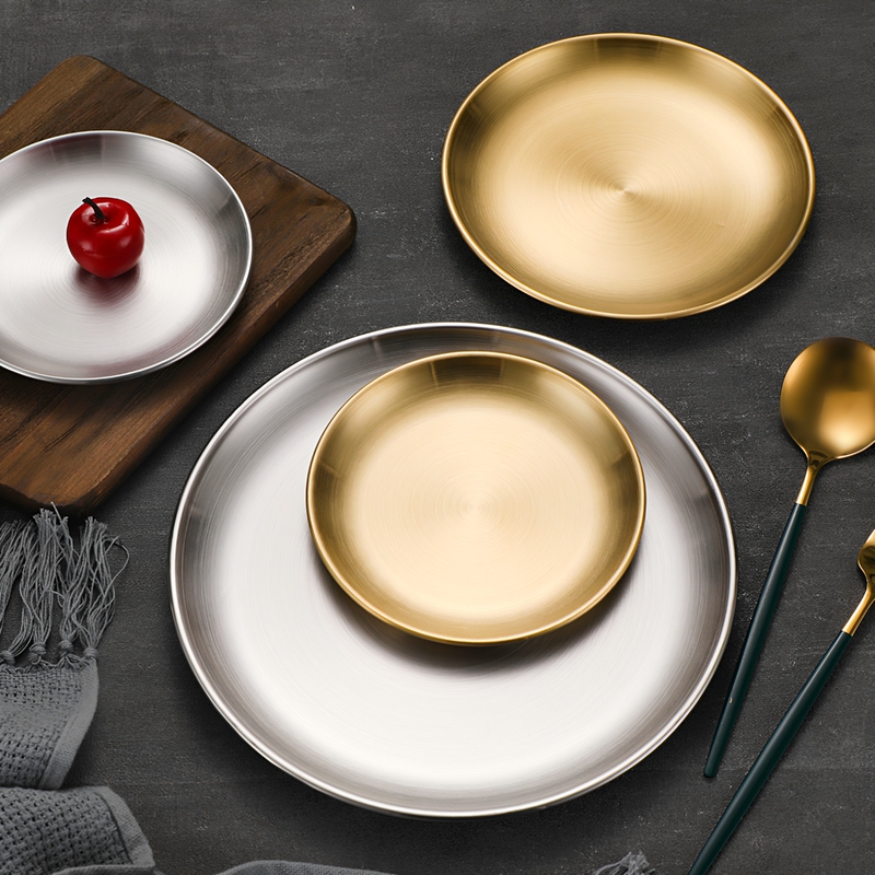 304 Korean-Style Stainless Steel Round Plate, Exquisite Bone Dish, Shallow Plate for Vegetables and Meat, Dessert Cake Coffee Tray, Golden Tableware