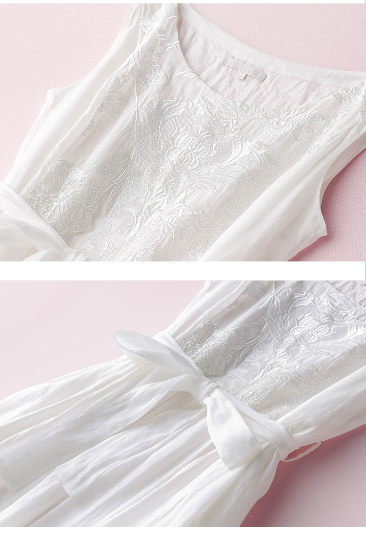 [QZ0324088] nặng làm việc thêu đẹp trắng ramie eo cao dòng dress văn học cổ tích ăn mặc váy dúm eo	