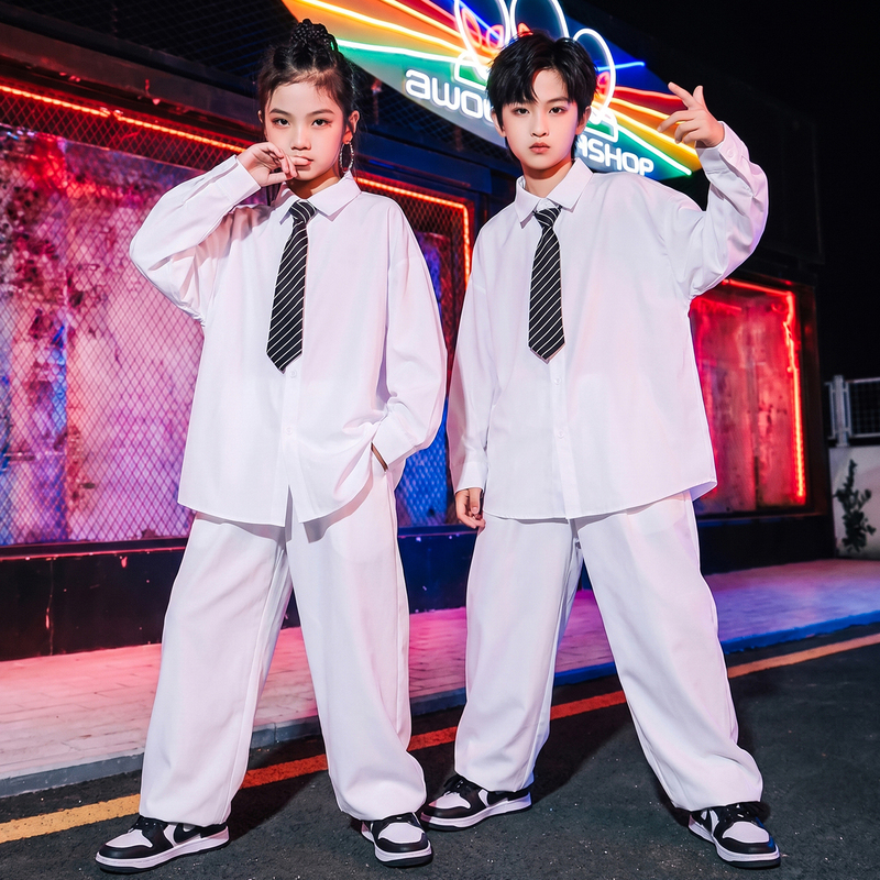 Boys' Shirts, Kidsren's White Street Dance Shirts, Girls' Suits, Long-Sleeved Trendy and Cool Modern Dance Hip-Hop Performance Clothes Boys' Shirts, Kidsren's White Street Dance Shirts, Girls' Suits, Long-Sleeved Trendy and Cool Modern Dance Hip-Hop Performance Clothes