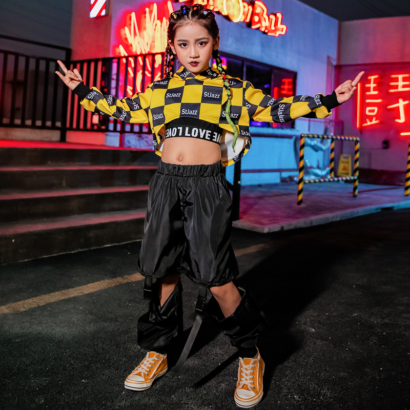 Girls jazz dance costumes children's hip-hop street dance costumes girls catwalk suits navel tide clothes long-sleeved clothes