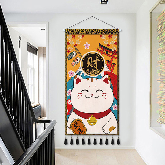 招财猫布艺挂画玄关客厅背景墙装饰画民宿挂毯墙画日式挂布遮挡布