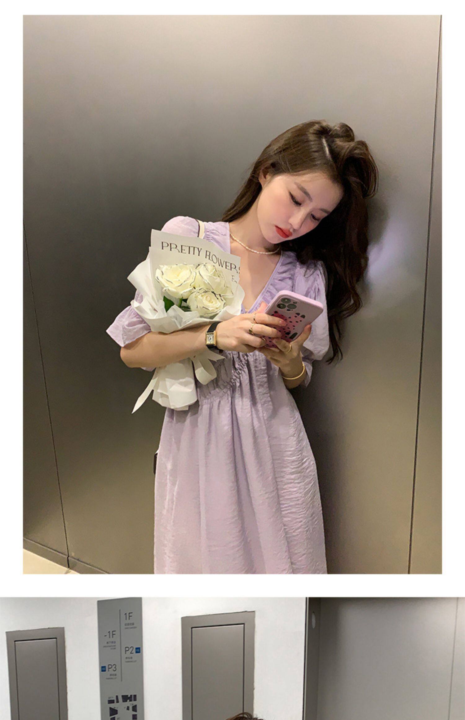 2022夏季温柔风无领绑带披挂式V领连衣裙女系带收腰显瘦A字裙详情30