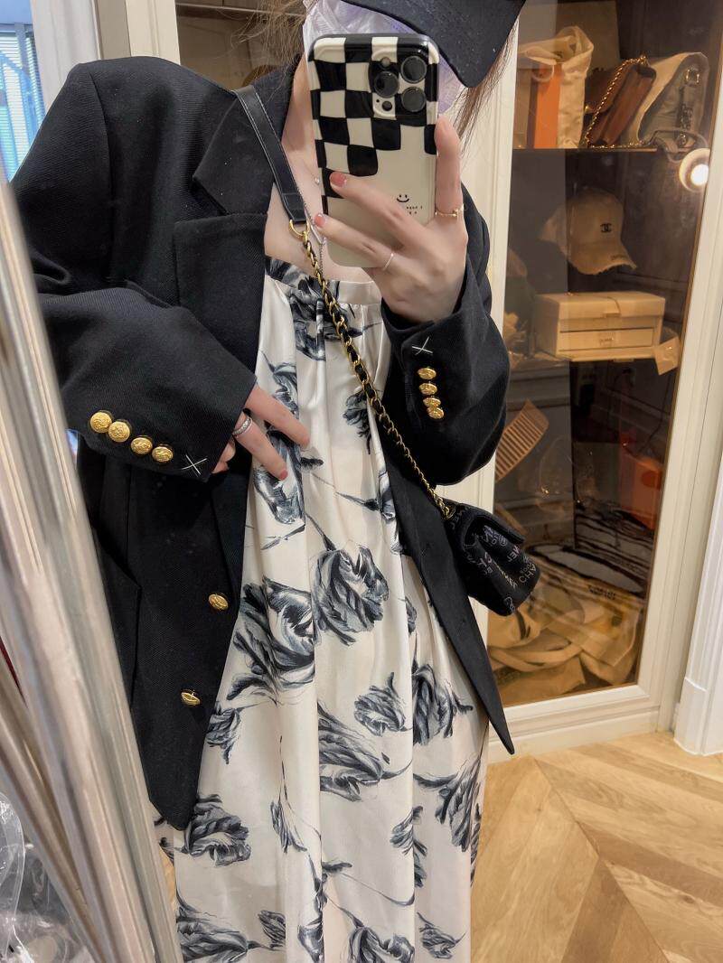 chic French retro high-end halter dress, summer ink-wash print, beach vacation, seaside photo long dress for women pic 12