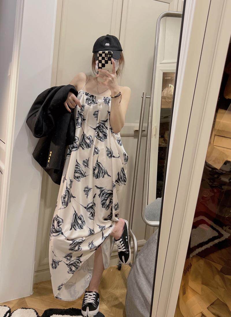 chic French retro high-end halter dress, summer ink-wash print, beach vacation, seaside photo long dress for women pic 1