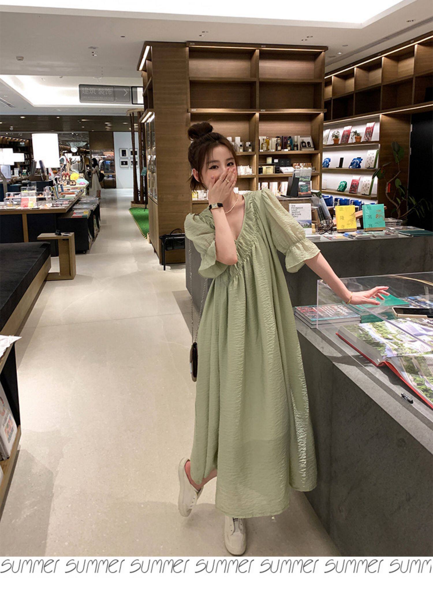 2022夏季温柔风无领绑带披挂式V领连衣裙女系带收腰显瘦A字裙详情9