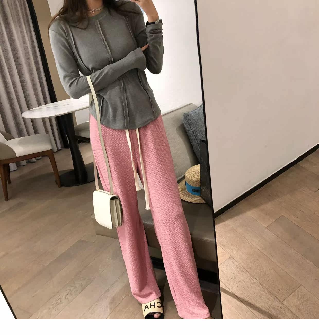 泡泡纱抽绳阔腿长裤2022春装新款直筒宽松高腰垂感显瘦长裤详情11