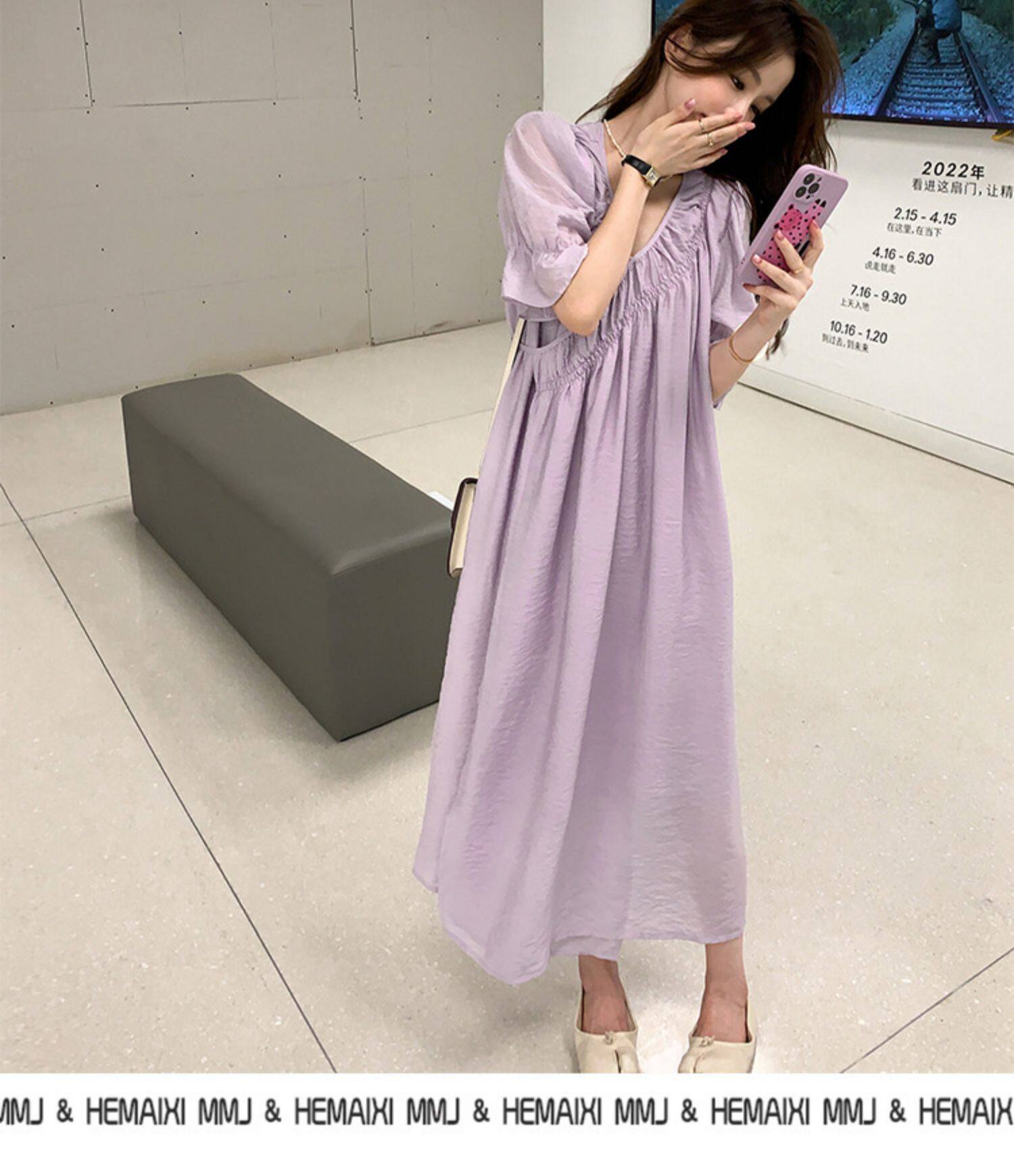 2022夏季温柔风无领绑带披挂式V领连衣裙女系带收腰显瘦A字裙详情25