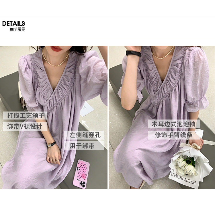 2022夏季温柔风无领绑带披挂式V领连衣裙女系带收腰显瘦A字裙详情4