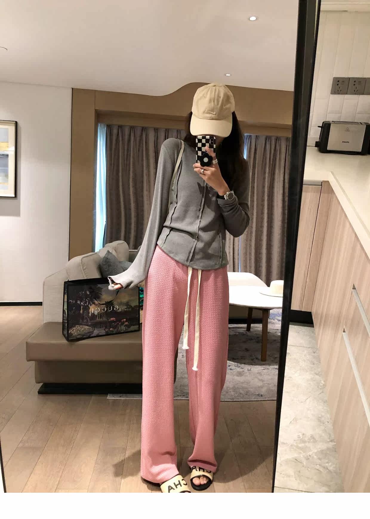 泡泡纱抽绳阔腿长裤2022春装新款直筒宽松高腰垂感显瘦长裤详情8