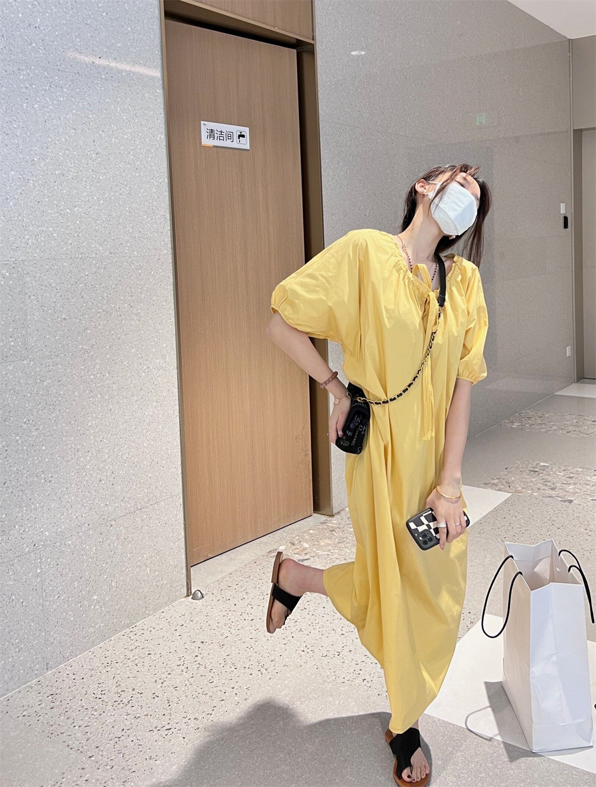 chic yellow lace-up pleated, youthful puffed sleeves, cotton-like loose and slimming dress for women's spring and summer lazy long dress pic 21