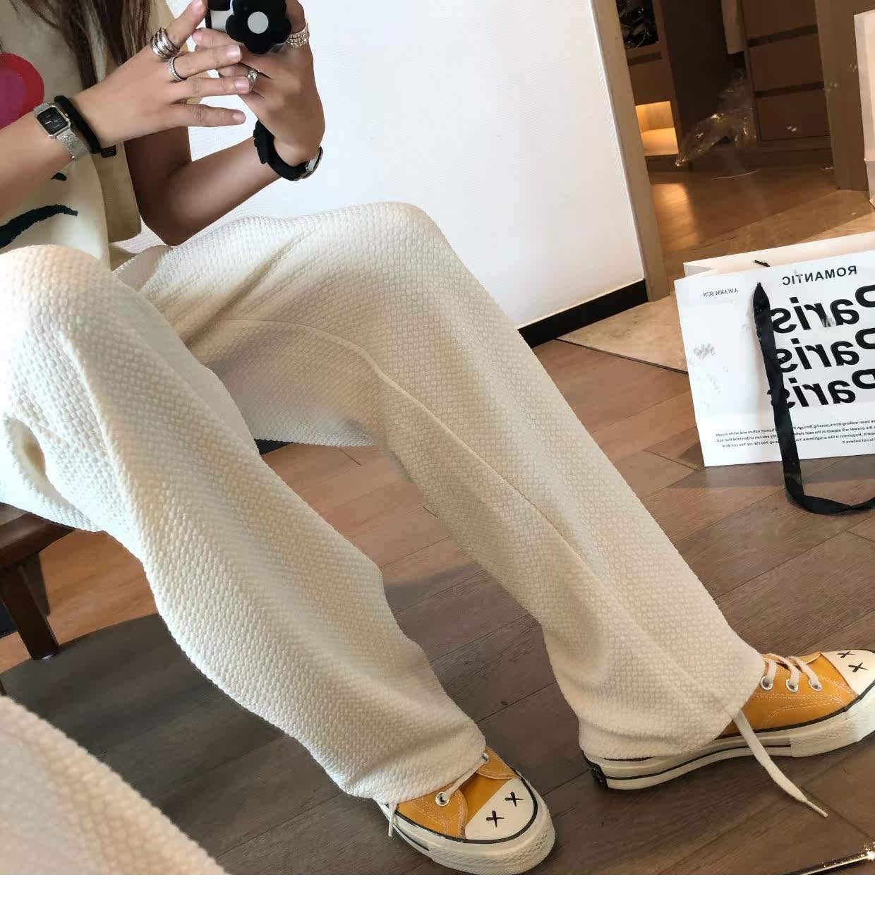 泡泡纱抽绳阔腿长裤2022春装新款直筒宽松高腰垂感显瘦长裤详情30