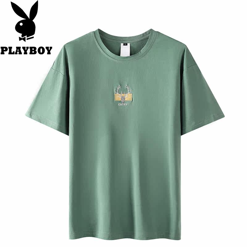 Playboy summer round neck loose short-sleeved t-shirt trend student personality simple cotton thin bottoming shirt men