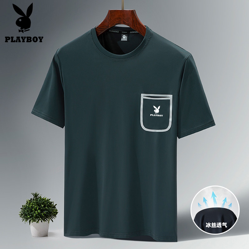 Playboy moisture-absorbing quick-drying short-sleeved men's summer new ice silk round neck T-shirt sports half-sleeved top male dad