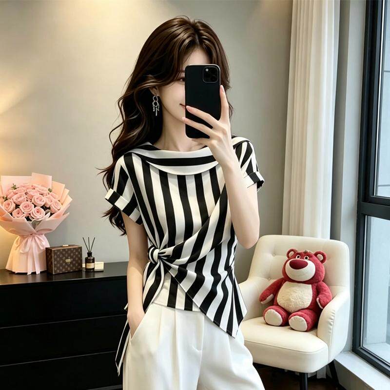 French-Style Black and White Striped Collared Shirt for Women, 2026 Summer New Trendy Waist-Cinching Tie Versatile Elegant Blouse French-Style Black and White Striped Collared Shirt for Women, 2026 Summer New Trendy Waist-Cinching Tie Versatile Elegant Blouse