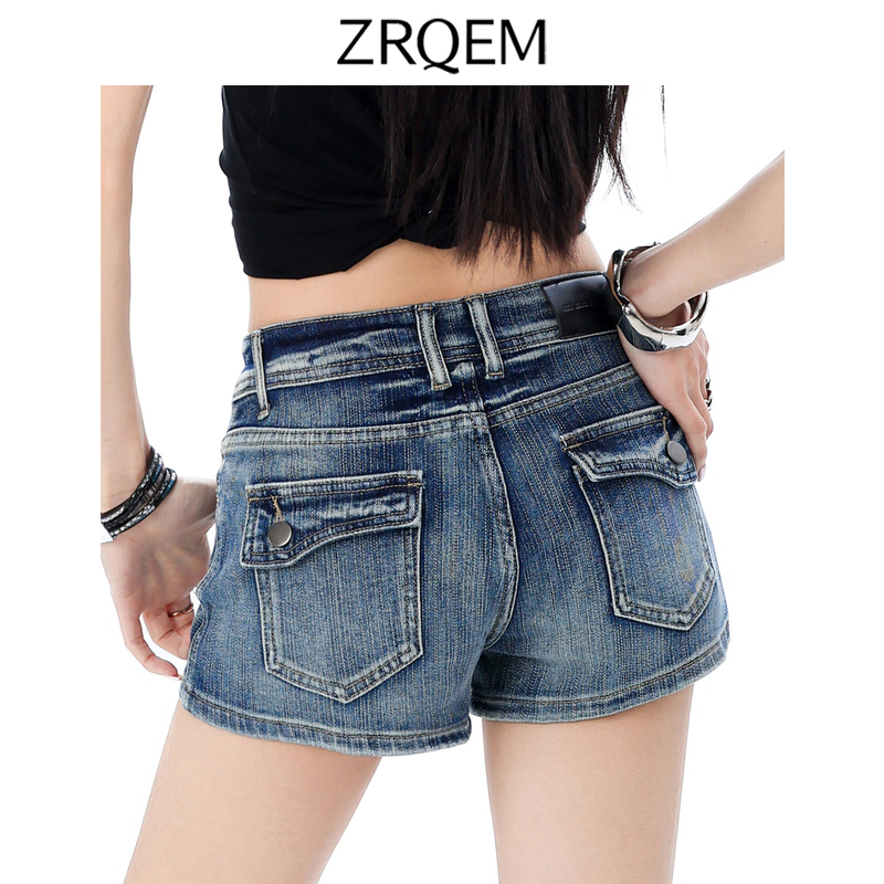 Zrqem American Style Spicy Girl Denim Shorts for Women 2026 Summer New Low-Waist Slimming Tight-Fitting Hip-Hugging Ultra-Short Pants