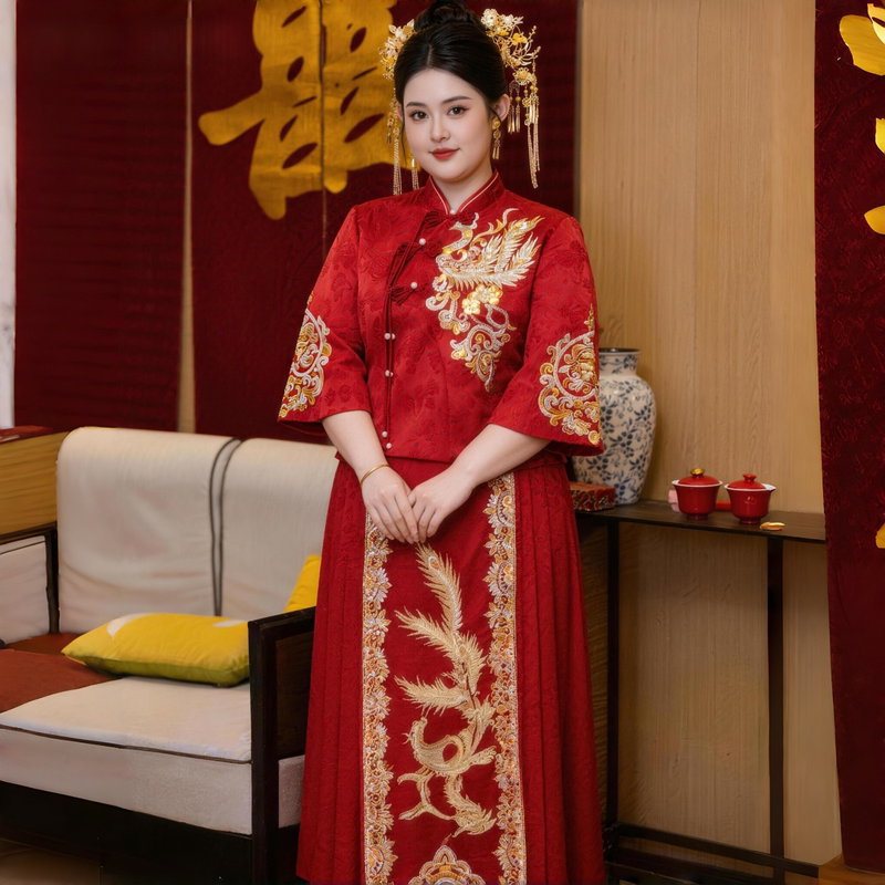 Bride's New Chinese-Style Red Wedding Dress for Toasting, Light and Thin for Spring and Summer, Plus Size 100kg Slimming and Figure-Flattering Cheongsam