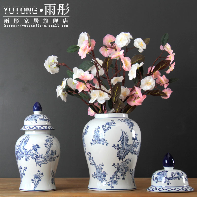 Ceramic piece of green flower porcelain will be canned hexagonal cans quadripartite cans new Chinese living room decorated with vase