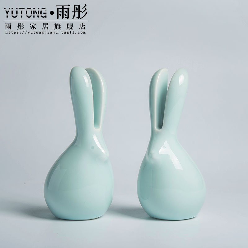 Lovely rabbit contracted the new Chinese style ceramic furnishing articles green glaze rabbit mattress in the sitting room porch decoration crafts and gifts