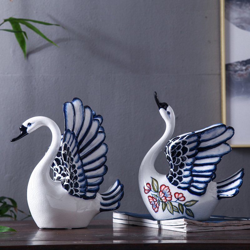 Blue and white porcelain ceramic swan sitting room porch ark adornment TV ark, furnishing articles household ceramic arts and crafts
