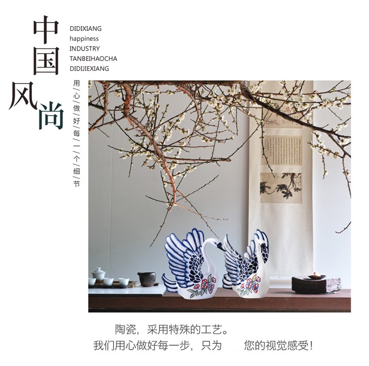 Blue and white porcelain ceramic swan sitting room porch ark adornment TV ark, furnishing articles household ceramic arts and crafts