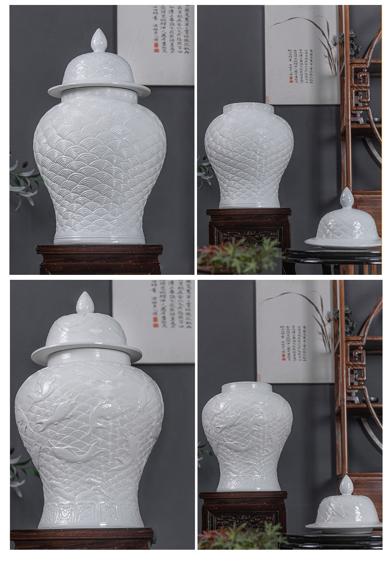 Jingdezhen ceramic general pot of high antique white porcelain vase sea dragon fish grain decoration cover pot ceramics collection