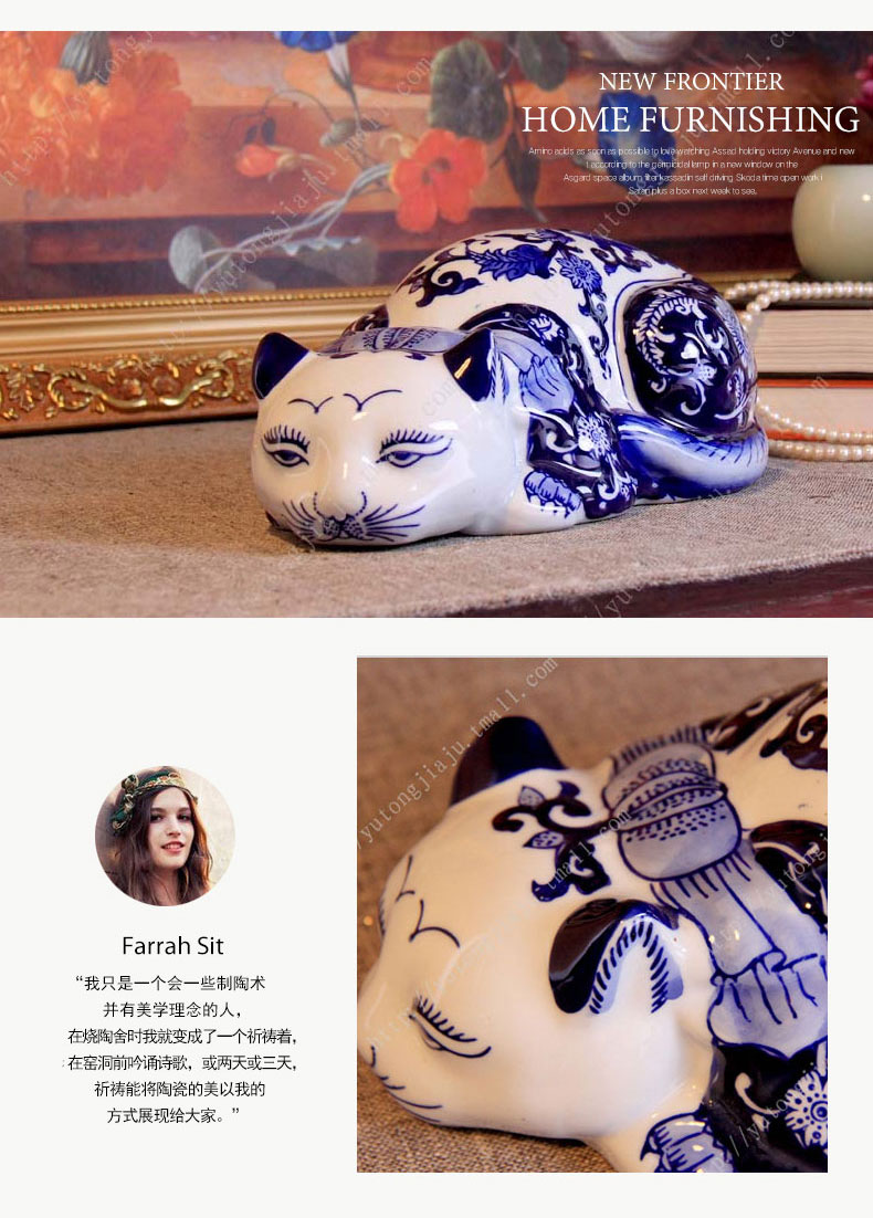 Jingdezhen blue and white porcelain, lovely languid is lazy cat cat cat ceramics handicraft furnishing articles home decoration interior decoration