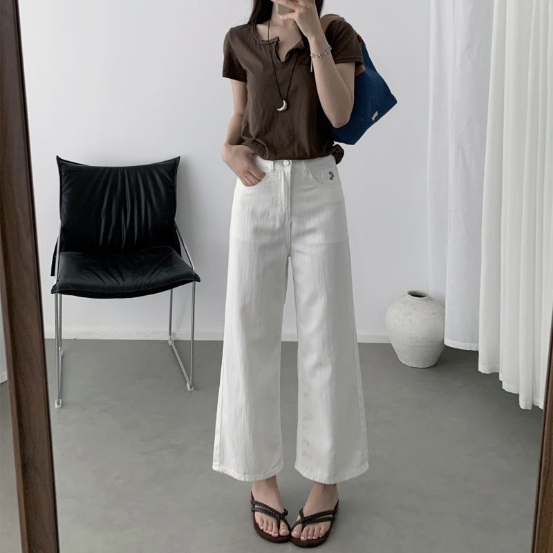[Clearance Item] Amore Tencel Nine-Point Straight-Leg Jeans for Women, Thin Style, Petite, Slimming, Embroidered Pants