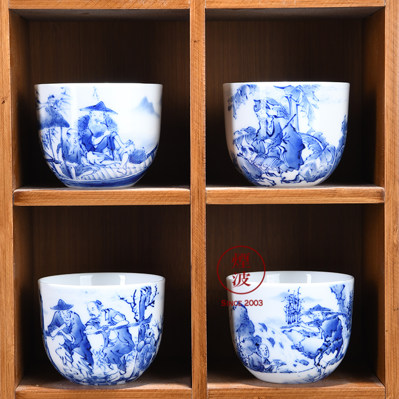 Those jingdezhen nine calcinations hand - made kudan wonderful hand of blue and white porcelain of the fishing qiao geng read cup cup outfit