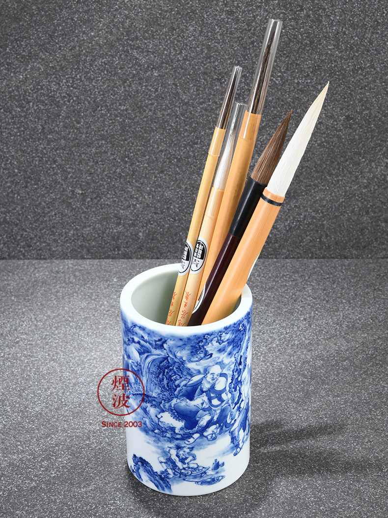 Those jingdezhen nine calcinations nine sections of the ocean 's admirable green glaze hand - made of blue and white porcelain brush pot tea tin