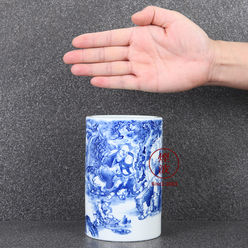 Those jingdezhen nine calcinations nine sections of the ocean 's admirable green glaze hand - made of blue and white porcelain brush pot tea tin