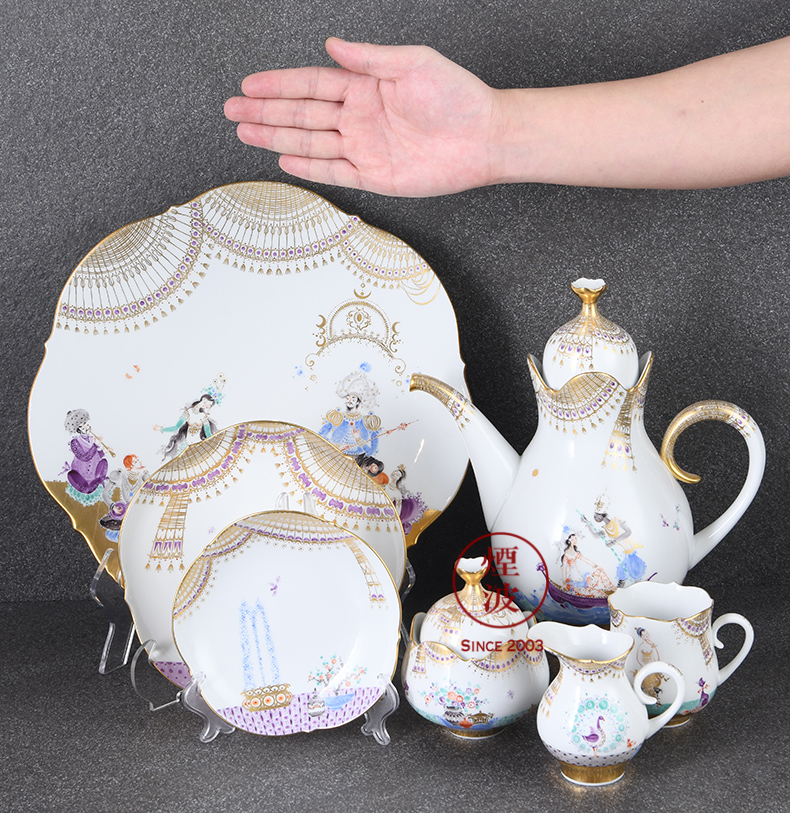 German mason MEISSEN porcelain cutting big one thousand nights gold - plated coffee pot cup suit group