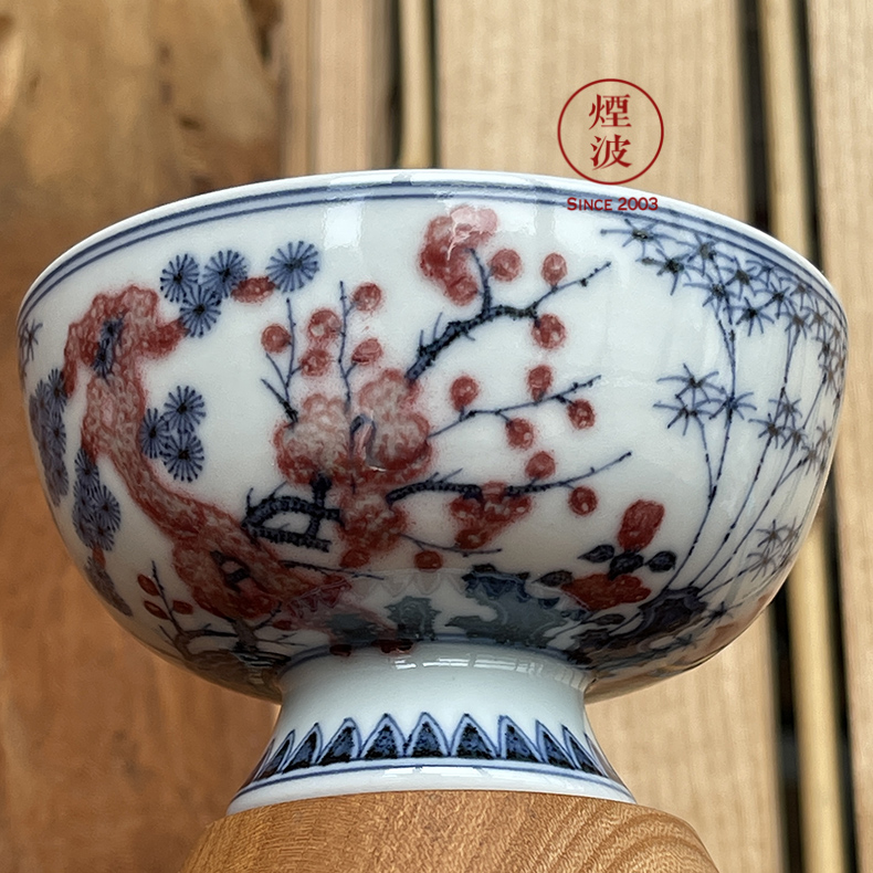 Jingdezhen spring auspicious jade Zou Jun up system with blue and white youligong shochiku meishan stone plantain footed cup drawing
