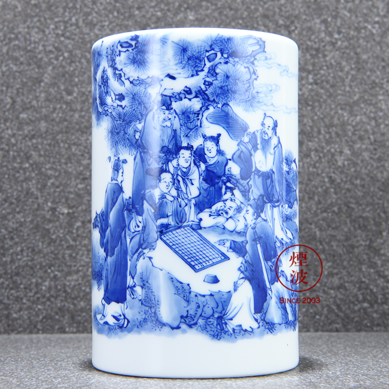 Those blue and white porcelain jingdezhen nine calcinations hand - made kudan admirable green glaze, the eight immortals pen container