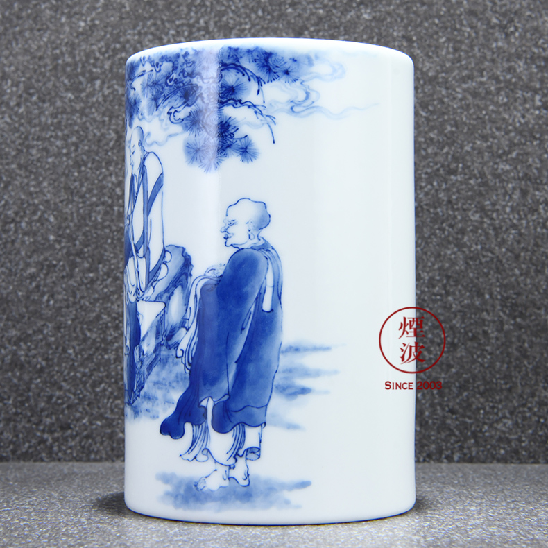 Those jingdezhen nine calcinations nine sections of the ocean 's admirable green glaze hand - made of blue and white porcelain brush pot tea tin