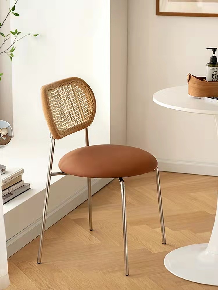 Retro stainless steel dining chair Nordic net red ins rattan chair simple and comfortable home solid wood back chair light luxury chair
