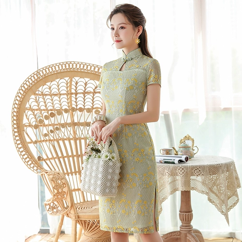 秀观唐 Летнее классическое кружевное короткое элегантное ципао, 2020, китайский стиль