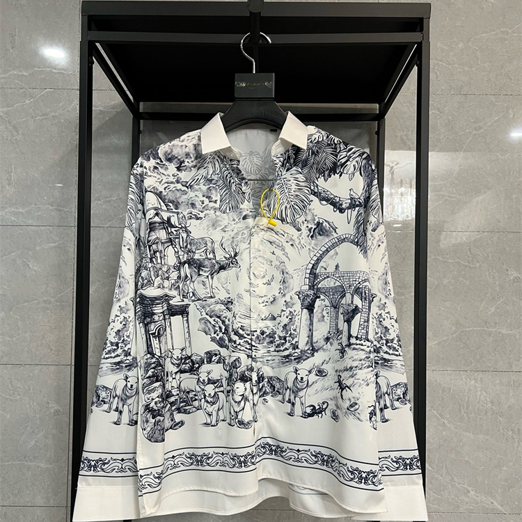 D Brand 25 Summer New Luxury Blue Animal Pattern Ice Silk Drapey Men's Long-Sleeve Shirt with a High-End Floral Design