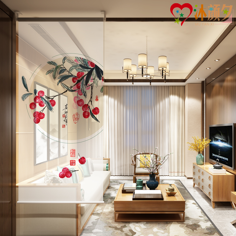 New Chinese style home translucent screen curtain Hanging soft partition window lifting occlusion entrance Custom roller curtain hanging curtain