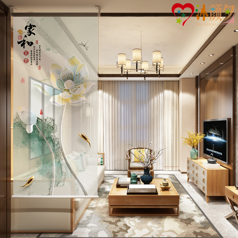 New Chinese relief lotus curtain translucent curtain inward lifting and lowering partition curtain suspended soft curtain